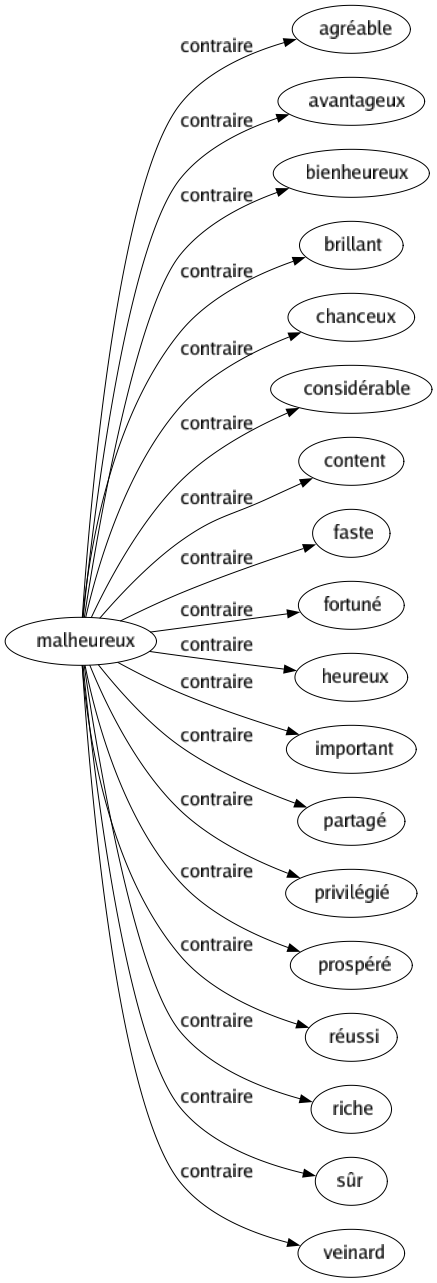 Contraire de Malheureux : Agréable Avantageux Bienheureux Brillant Chanceux Considérable Content Faste Fortuné Heureux Important Partagé Privilégié Prospéré Réussi Riche Sûr Veinard 