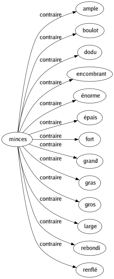 Contraire de Minces : Ample Boulot Dodu Encombrant Énorme Épais Fort Grand Gras Gros Large Rebondi Renflé 