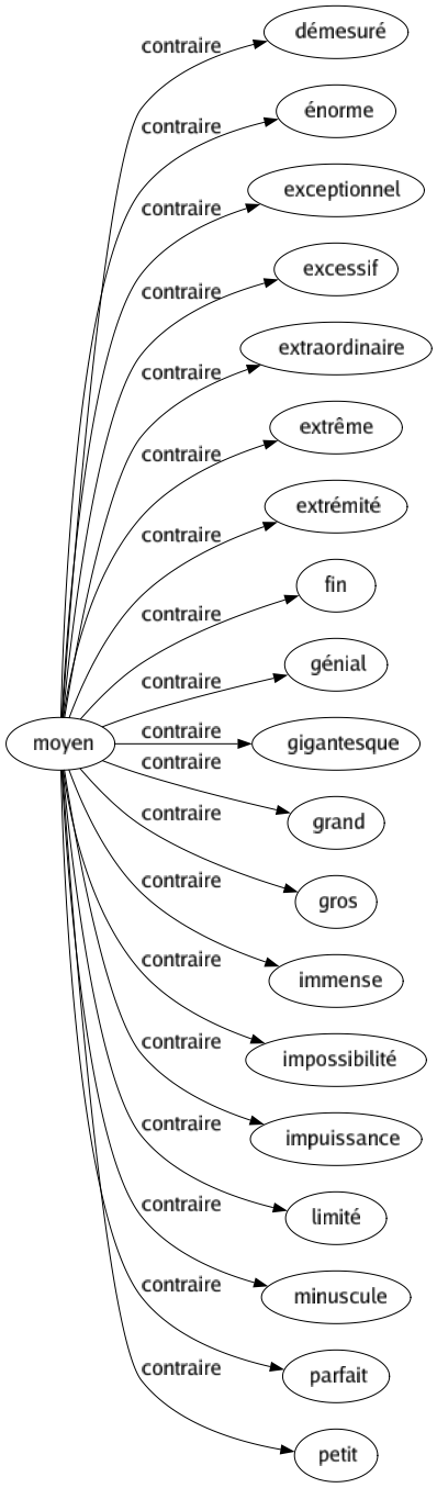 Contraire de Moyen : Démesuré Énorme Exceptionnel Excessif Extraordinaire Extrême Extrémité Fin Génial Gigantesque Grand Gros Immense Impossibilité Impuissance Limité Minuscule Parfait Petit 