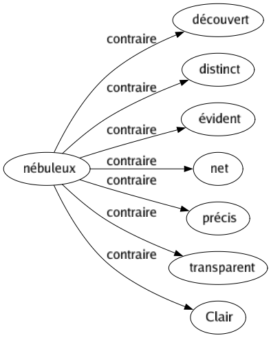 Contraire de Nébuleux : Découvert Distinct Évident Net Précis Transparent Clair 