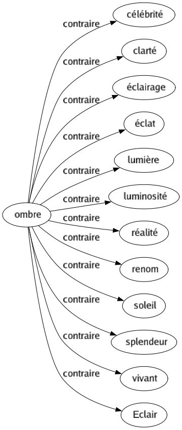 Contraire de Ombre : Célébrité Clarté Éclairage Éclat Lumière Luminosité Réalité Renom Soleil Splendeur Vivant Eclair 