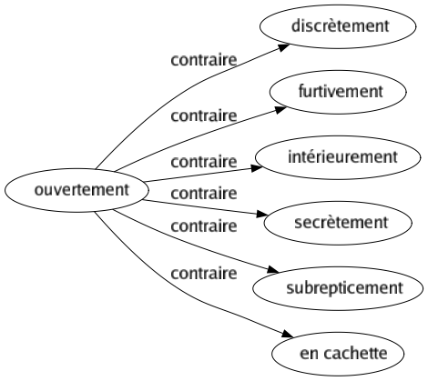 Contraire de Ouvertement : Discrètement Furtivement Intérieurement Secrètement Subrepticement En cachette 