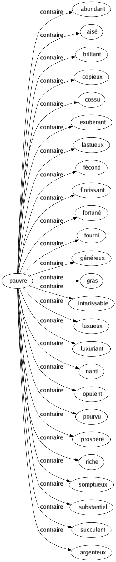 Contraire de Pauvre : Abondant Aisé Brillant Copieux Cossu Exubérant Fastueux Fécond Florissant Fortuné Fourni Généreux Gras Intarissable Luxueux Luxuriant Nanti Opulent Pourvu Prospéré Riche Somptueux Substantiel Succulent Argenteux 