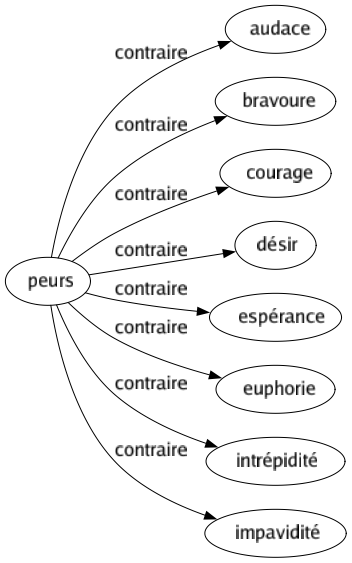 Contraire de Peurs : Audace Bravoure Courage Désir Espérance Euphorie Intrépidité Impavidité 