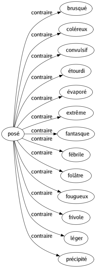 Contraire de Posé : Brusqué Coléreux Convulsif Étourdi Évaporé Extrême Fantasque Fébrile Folâtre Fougueux Frivole Léger Précipité 