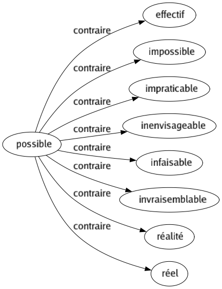 Contraire de Possible : Effectif Impossible Impraticable Inenvisageable Infaisable Invraisemblable Réalité Réel 
