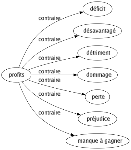 Contraire de Profits : Déficit Désavantagé Détriment Dommage Perte Préjudice Manque à gagner 