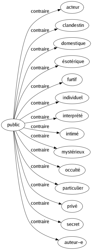 Contraire de Public : Acteur Clandestin Domestique Ésotérique Furtif Individuel Interprété Intimé Mystérieux Occulté Particulier Privé Secret Auteur-e 