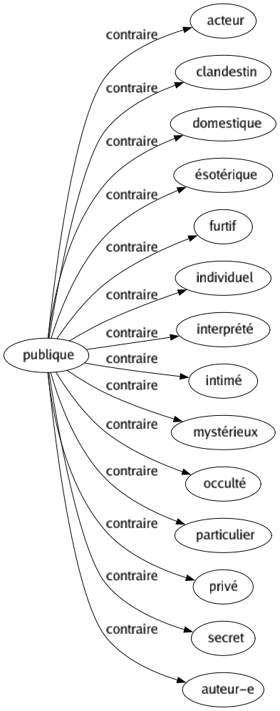 Contraire de Publique : Acteur Clandestin Domestique Ésotérique Furtif Individuel Interprété Intimé Mystérieux Occulté Particulier Privé Secret Auteur-e 