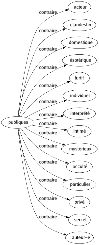 Contraire de Publiques : Acteur Clandestin Domestique Ésotérique Furtif Individuel Interprété Intimé Mystérieux Occulté Particulier Privé Secret Auteur-e 