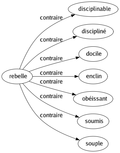 Contraire de Rebelle : Disciplinable Discipliné Docile Enclin Obéissant Soumis Souple 