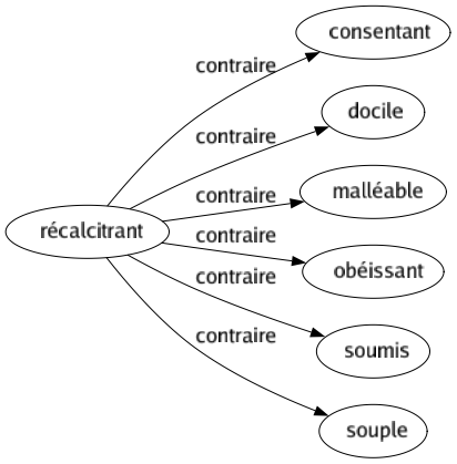 Contraire de Récalcitrant : Consentant Docile Malléable Obéissant Soumis Souple 