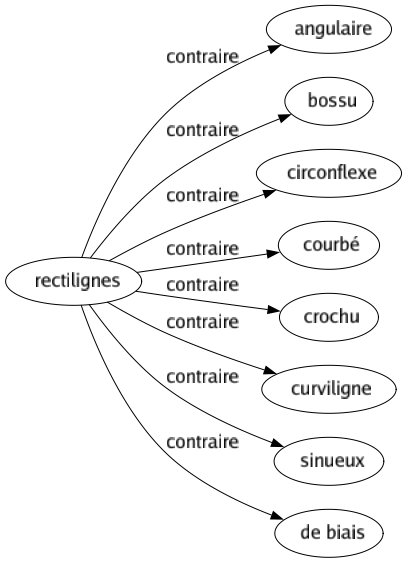 Contraire de Rectilignes : Angulaire Bossu Circonflexe Courbé Crochu Curviligne Sinueux De biais 