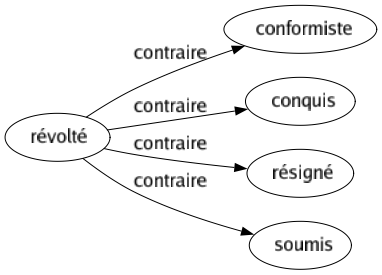Contraire de Révolté : Conformiste Conquis Résigné Soumis 