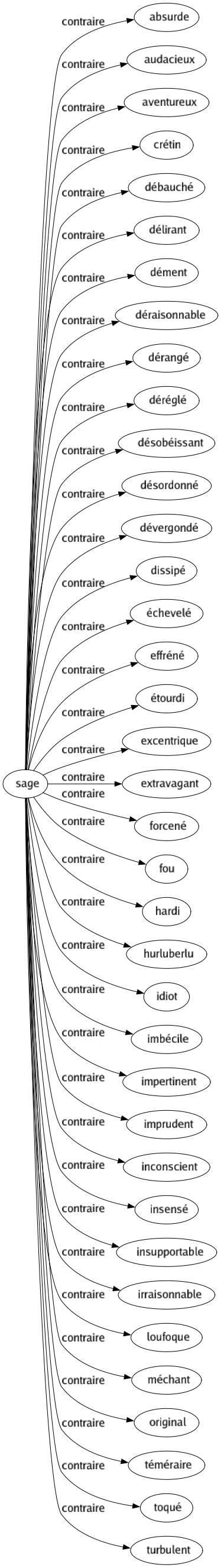 Contraire de Sage : Absurde Audacieux Aventureux Crétin Débauché Délirant Dément Déraisonnable Dérangé Déréglé Désobéissant Désordonné Dévergondé Dissipé Échevelé Effréné Étourdi Excentrique Extravagant Forcené Fou Hardi Hurluberlu Idiot Imbécile Impertinent Imprudent Inconscient Insensé Insupportable Irraisonnable Loufoque Méchant Original Téméraire Toqué Turbulent 