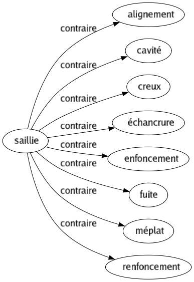Contraire de Saillie : Alignement Cavité Creux Échancrure Enfoncement Fuite Méplat Renfoncement 