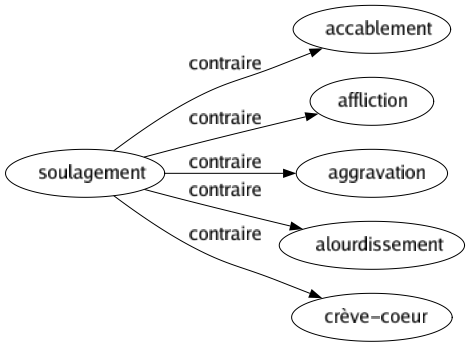 Contraire de Soulagement : Accablement Affliction Aggravation Alourdissement Crève-coeur 