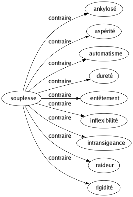 Contraire de Souplesse : Ankylosé Aspérité Automatisme Dureté Entêtement Inflexibilité Intransigeance Raideur Rigidité 