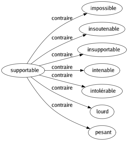 Contraire de Supportable : Impossible Insoutenable Insupportable Intenable Intolérable Lourd Pesant 