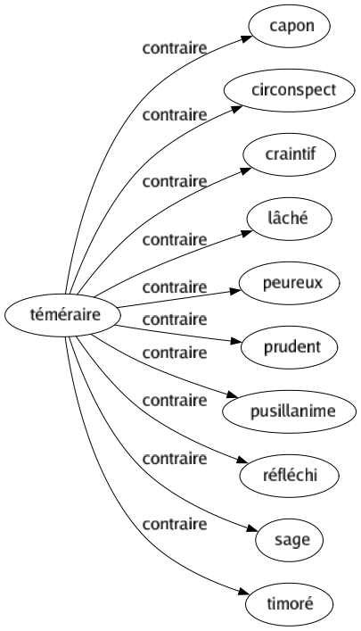 Contraire de Téméraire : Capon Circonspect Craintif Lâché Peureux Prudent Pusillanime Réfléchi Sage Timoré 