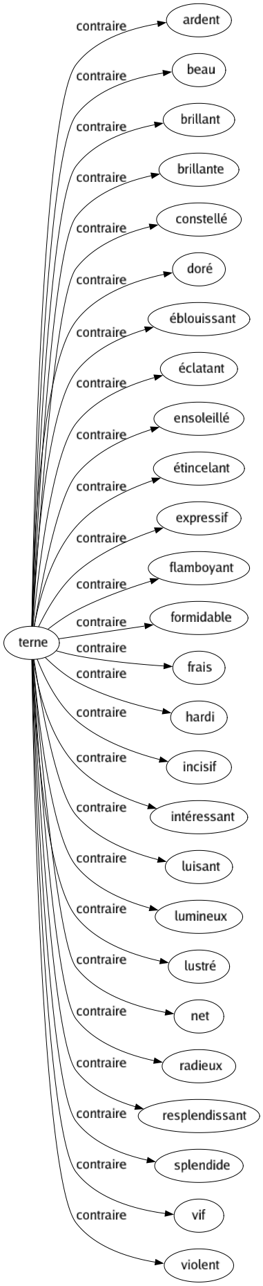Contraire de Terne : Ardent Beau Brillant Brillante Constellé Doré Éblouissant Éclatant Ensoleillé Étincelant Expressif Flamboyant Formidable Frais Hardi Incisif Intéressant Luisant Lumineux Lustré Net Radieux Resplendissant Splendide Vif Violent 