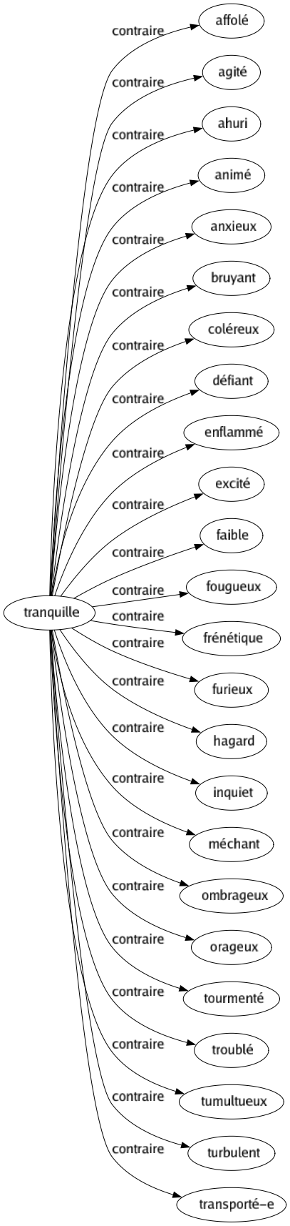 Contraire de Tranquille : Affolé Agité Ahuri Animé Anxieux Bruyant Coléreux Défiant Enflammé Excité Faible Fougueux Frénétique Furieux Hagard Inquiet Méchant Ombrageux Orageux Tourmenté Troublé Tumultueux Turbulent Transporté-e 