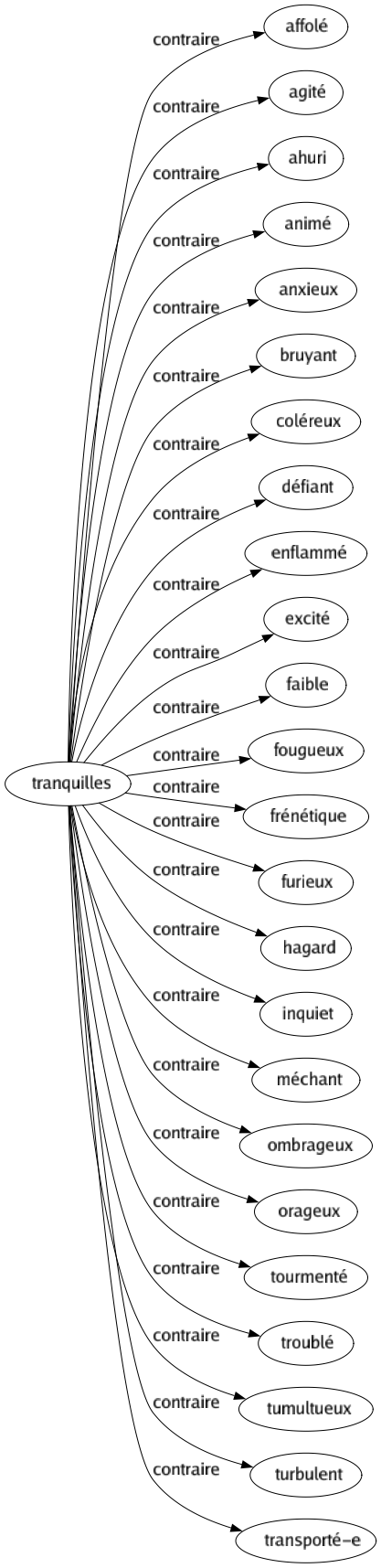 Contraire de Tranquilles : Affolé Agité Ahuri Animé Anxieux Bruyant Coléreux Défiant Enflammé Excité Faible Fougueux Frénétique Furieux Hagard Inquiet Méchant Ombrageux Orageux Tourmenté Troublé Tumultueux Turbulent Transporté-e 