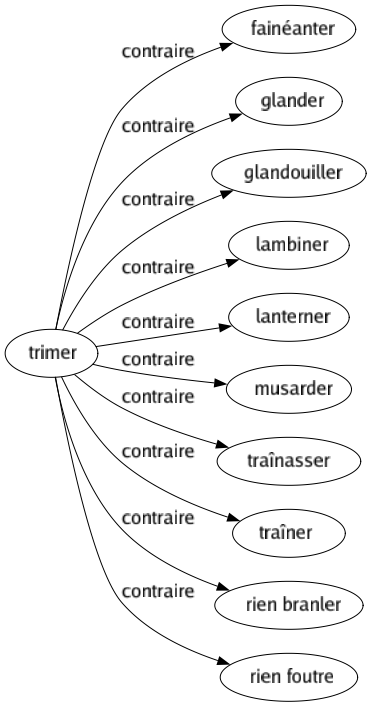 Contraire de Trimer : Fainéanter Glander Glandouiller Lambiner Lanterner Musarder Traînasser Traîner Rien branler Rien foutre 