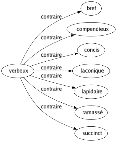 Contraire de Verbeux : Bref Compendieux Concis Laconique Lapidaire Ramassé Succinct 
