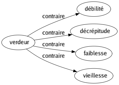 Contraire de Verdeur : Débilité Décrépitude Faiblesse Vieillesse 