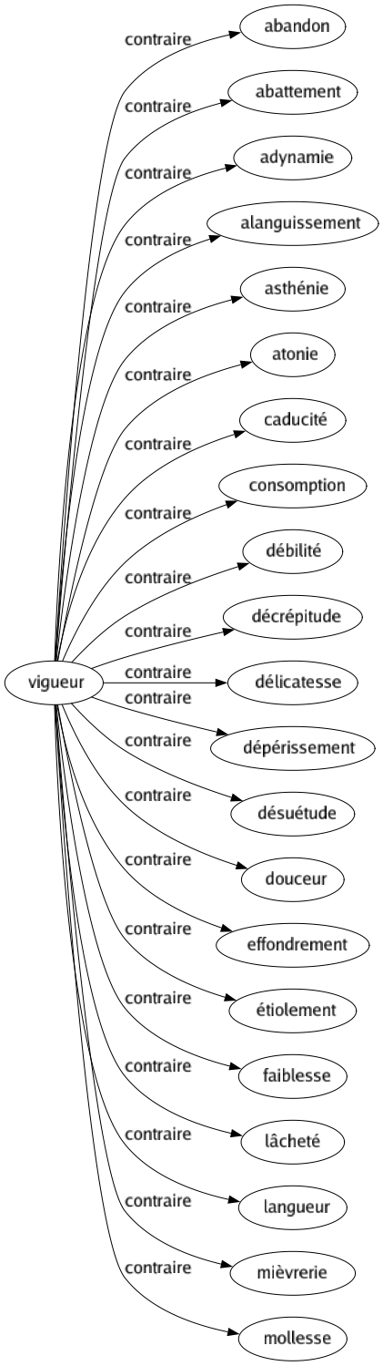 Contraire de Vigueur : Abandon Abattement Adynamie Alanguissement Asthénie Atonie Caducité Consomption Débilité Décrépitude Délicatesse Dépérissement Désuétude Douceur Effondrement Étiolement Faiblesse Lâcheté Langueur Mièvrerie Mollesse 