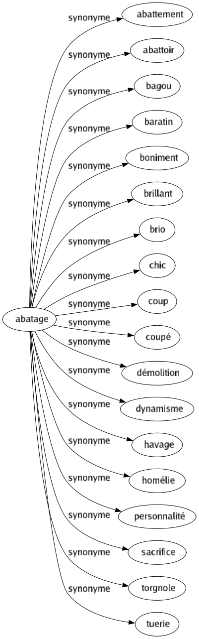 Synonyme de Abatage : Abattement Abattoir Bagou Baratin Boniment Brillant Brio Chic Coup Coupé Démolition Dynamisme Havage Homélie Personnalité Sacrifice Torgnole Tuerie 