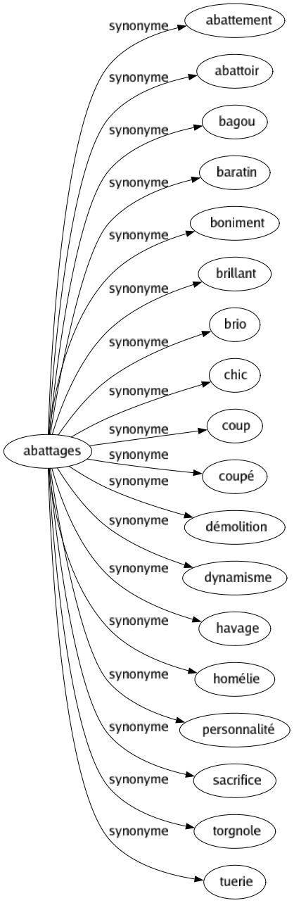 Synonyme de Abattages : Abattement Abattoir Bagou Baratin Boniment Brillant Brio Chic Coup Coupé Démolition Dynamisme Havage Homélie Personnalité Sacrifice Torgnole Tuerie 