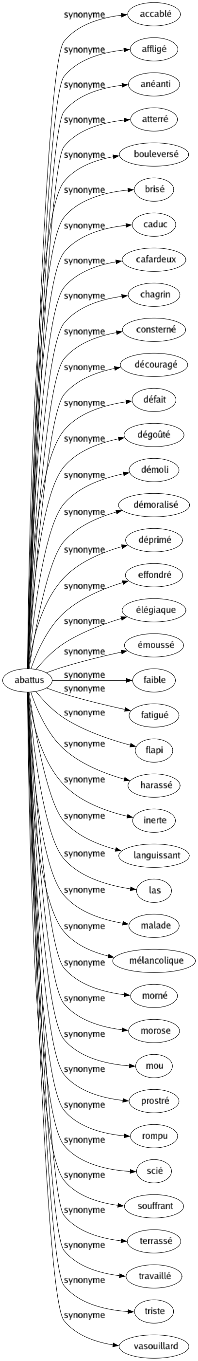 Synonyme de Abattus : Accablé Affligé Anéanti Atterré Bouleversé Brisé Caduc Cafardeux Chagrin Consterné Découragé Défait Dégoûté Démoli Démoralisé Déprimé Effondré Élégiaque Émoussé Faible Fatigué Flapi Harassé Inerte Languissant Las Malade Mélancolique Morné Morose Mou Prostré Rompu Scié Souffrant Terrassé Travaillé Triste Vasouillard 