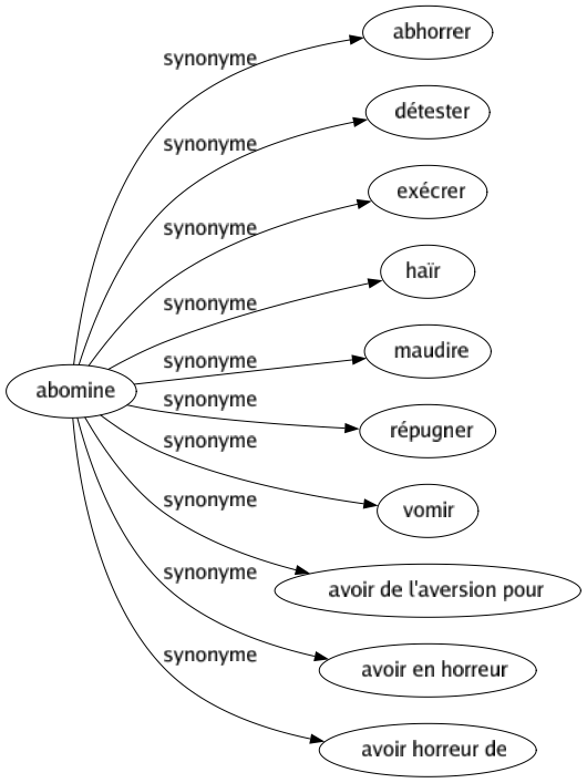 Synonyme de Abomine : Abhorrer Détester Exécrer Haïr Maudire Répugner Vomir Avoir de l'aversion pour Avoir en horreur Avoir horreur de 