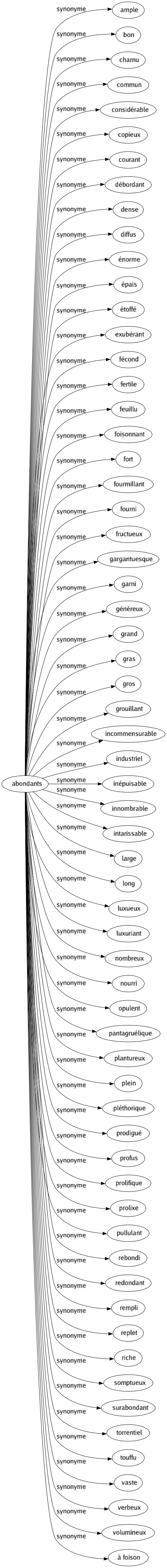 Synonyme de Abondants : Ample Bon Charnu Commun Considérable Copieux Courant Débordant Dense Diffus Énorme Épais Étoffé Exubérant Fécond Fertile Feuillu Foisonnant Fort Fourmillant Fourni Fructueux Gargantuesque Garni Généreux Grand Gras Gros Grouillant Incommensurable Industriel Inépuisable Innombrable Intarissable Large Long Luxueux Luxuriant Nombreux Nourri Opulent Pantagruélique Plantureux Plein Pléthorique Prodigué Profus Prolifique Prolixe Pullulant Rebondi Redondant Rempli Replet Riche Somptueux Surabondant Torrentiel Touffu Vaste Verbeux Volumineux À foison 