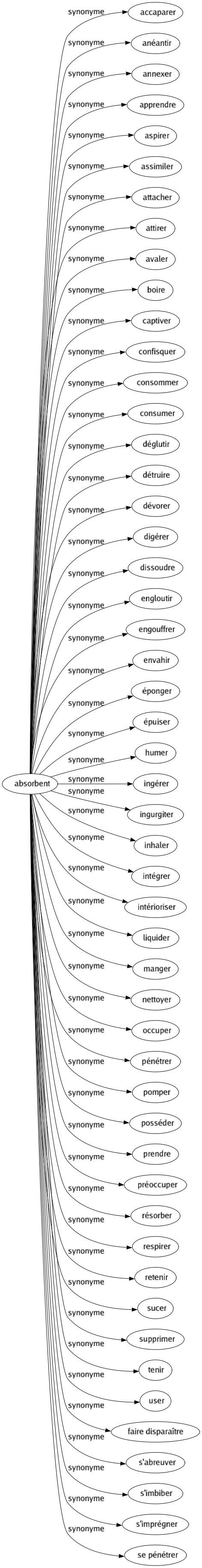 Synonyme de Absorbent : Accaparer Anéantir Annexer Apprendre Aspirer Assimiler Attacher Attirer Avaler Boire Captiver Confisquer Consommer Consumer Déglutir Détruire Dévorer Digérer Dissoudre Engloutir Engouffrer Envahir Éponger Épuiser Humer Ingérer Ingurgiter Inhaler Intégrer Intérioriser Liquider Manger Nettoyer Occuper Pénétrer Pomper Posséder Prendre Préoccuper Résorber Respirer Retenir Sucer Supprimer Tenir User Faire disparaître S'abreuver S'imbiber S'imprégner Se pénétrer 