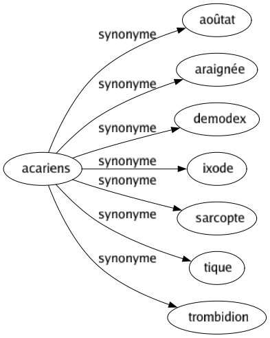 Synonyme de Acariens : Aoûtat Araignée Demodex Ixode Sarcopte Tique Trombidion 