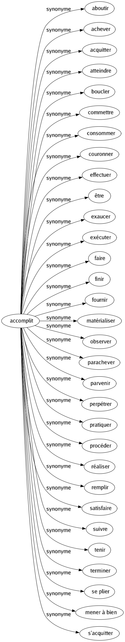 Synonyme de Accomplit : Aboutir Achever Acquitter Atteindre Boucler Commettre Consommer Couronner Effectuer Être Exaucer Exécuter Faire Finir Fournir Matérialiser Observer Parachever Parvenir Perpétrer Pratiquer Procéder Réaliser Remplir Satisfaire Suivre Tenir Terminer Se plier Mener à bien S'acquitter 