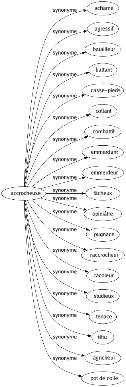 Synonyme de Accrocheuse : Acharné Agressif Batailleur Battant Casse-pieds Collant Combattif Emmerdant Emmerdeur Fâcheux Opiniâtre Pugnace Raccrocheur Racoleur Studieux Tenace Têtu Agricheur Pot de colle 