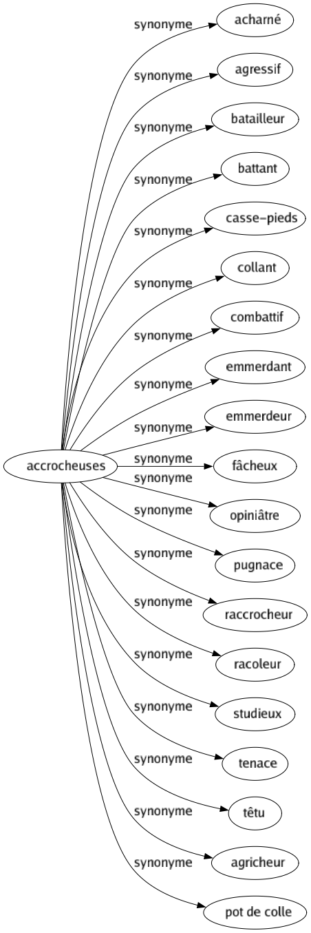 Synonyme de Accrocheuses : Acharné Agressif Batailleur Battant Casse-pieds Collant Combattif Emmerdant Emmerdeur Fâcheux Opiniâtre Pugnace Raccrocheur Racoleur Studieux Tenace Têtu Agricheur Pot de colle 