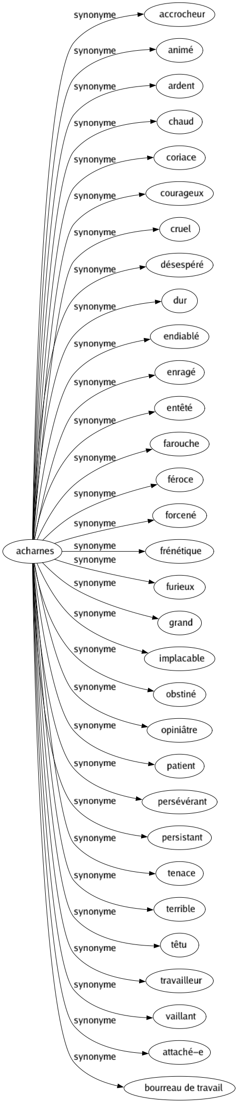 Synonyme de Acharnes : Accrocheur Animé Ardent Chaud Coriace Courageux Cruel Désespéré Dur Endiablé Enragé Entêté Farouche Féroce Forcené Frénétique Furieux Grand Implacable Obstiné Opiniâtre Patient Persévérant Persistant Tenace Terrible Têtu Travailleur Vaillant Attaché-e Bourreau de travail 