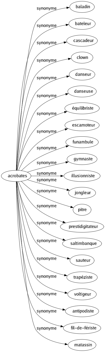 Synonyme de Acrobates : Baladin Bateleur Cascadeur Clown Danseur Danseuse Équilibriste Escamoteur Funambule Gymnaste Illusionniste Jongleur Pitre Prestidigitateur Saltimbanque Sauteur Trapéziste Voltigeur Antipodiste Fil-de-fériste Matassin 