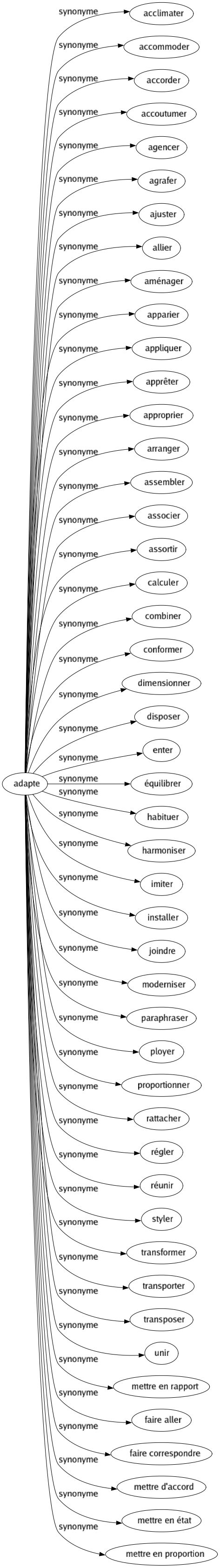 Synonyme de Adapte : Acclimater Accommoder Accorder Accoutumer Agencer Agrafer Ajuster Allier Aménager Apparier Appliquer Apprêter Approprier Arranger Assembler Associer Assortir Calculer Combiner Conformer Dimensionner Disposer Enter Équilibrer Habituer Harmoniser Imiter Installer Joindre Moderniser Paraphraser Ployer Proportionner Rattacher Régler Réunir Styler Transformer Transporter Transposer Unir Mettre en rapport Faire aller Faire correspondre Mettre d'accord Mettre en état Mettre en proportion 