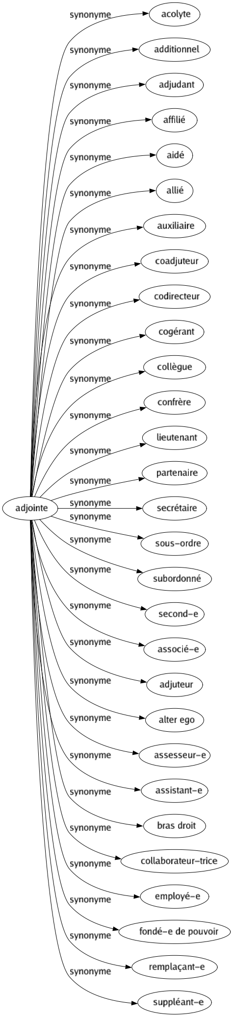 Synonyme de Adjointe : Acolyte Additionnel Adjudant Affilié Aidé Allié Auxiliaire Coadjuteur Codirecteur Cogérant Collègue Confrère Lieutenant Partenaire Secrétaire Sous-ordre Subordonné Second-e Associé-e Adjuteur Alter ego Assesseur-e Assistant-e Bras droit Collaborateur-trice Employé-e Fondé-e de pouvoir Remplaçant-e Suppléant-e 