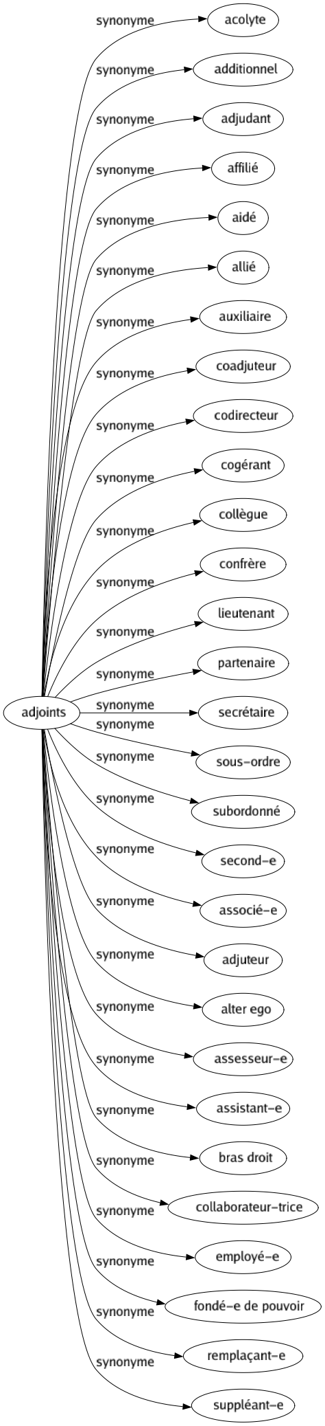 Synonyme de Adjoints : Acolyte Additionnel Adjudant Affilié Aidé Allié Auxiliaire Coadjuteur Codirecteur Cogérant Collègue Confrère Lieutenant Partenaire Secrétaire Sous-ordre Subordonné Second-e Associé-e Adjuteur Alter ego Assesseur-e Assistant-e Bras droit Collaborateur-trice Employé-e Fondé-e de pouvoir Remplaçant-e Suppléant-e 