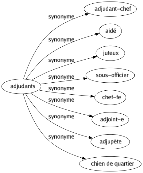 Synonyme de Adjudants : Adjudant-chef Aidé Juteux Sous-officier Chef-fe Adjoint-e Adjupète Chien de quartier 