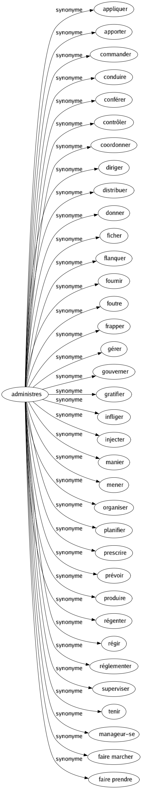 Synonyme de Administres : Appliquer Apporter Commander Conduire Conférer Contrôler Coordonner Diriger Distribuer Donner Ficher Flanquer Fournir Foutre Frapper Gérer Gouverner Gratifier Infliger Injecter Manier Mener Organiser Planifier Prescrire Prévoir Produire Régenter Régir Réglementer Superviser Tenir Manageur-se Faire marcher Faire prendre 