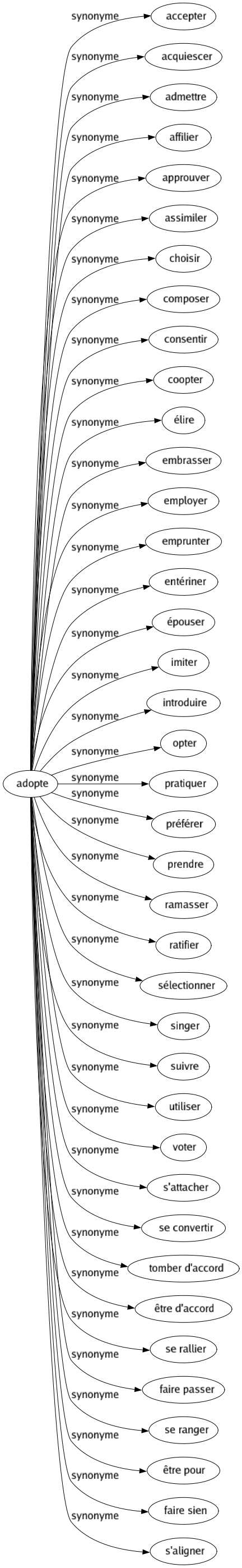 Synonyme de Adopte : Accepter Acquiescer Admettre Affilier Approuver Assimiler Choisir Composer Consentir Coopter Élire Embrasser Employer Emprunter Entériner Épouser Imiter Introduire Opter Pratiquer Préférer Prendre Ramasser Ratifier Sélectionner Singer Suivre Utiliser Voter S'attacher Se convertir Tomber d'accord Être d'accord Se rallier Faire passer Se ranger Être pour Faire sien S'aligner 