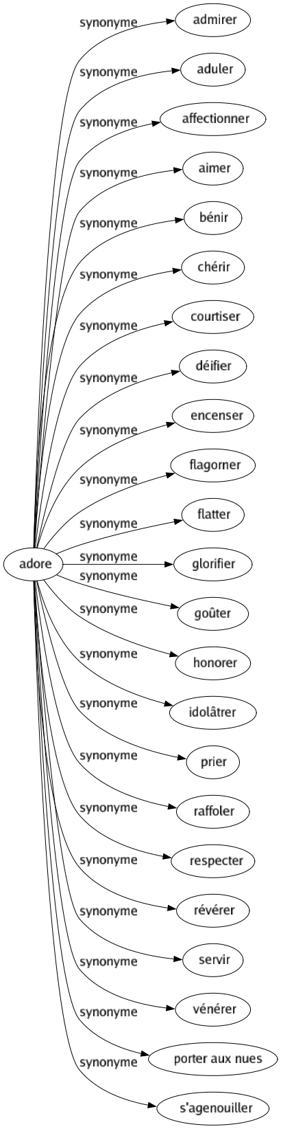 Synonyme de Adore : Admirer Aduler Affectionner Aimer Bénir Chérir Courtiser Déifier Encenser Flagorner Flatter Glorifier Goûter Honorer Idolâtrer Prier Raffoler Respecter Révérer Servir Vénérer Porter aux nues S'agenouiller 